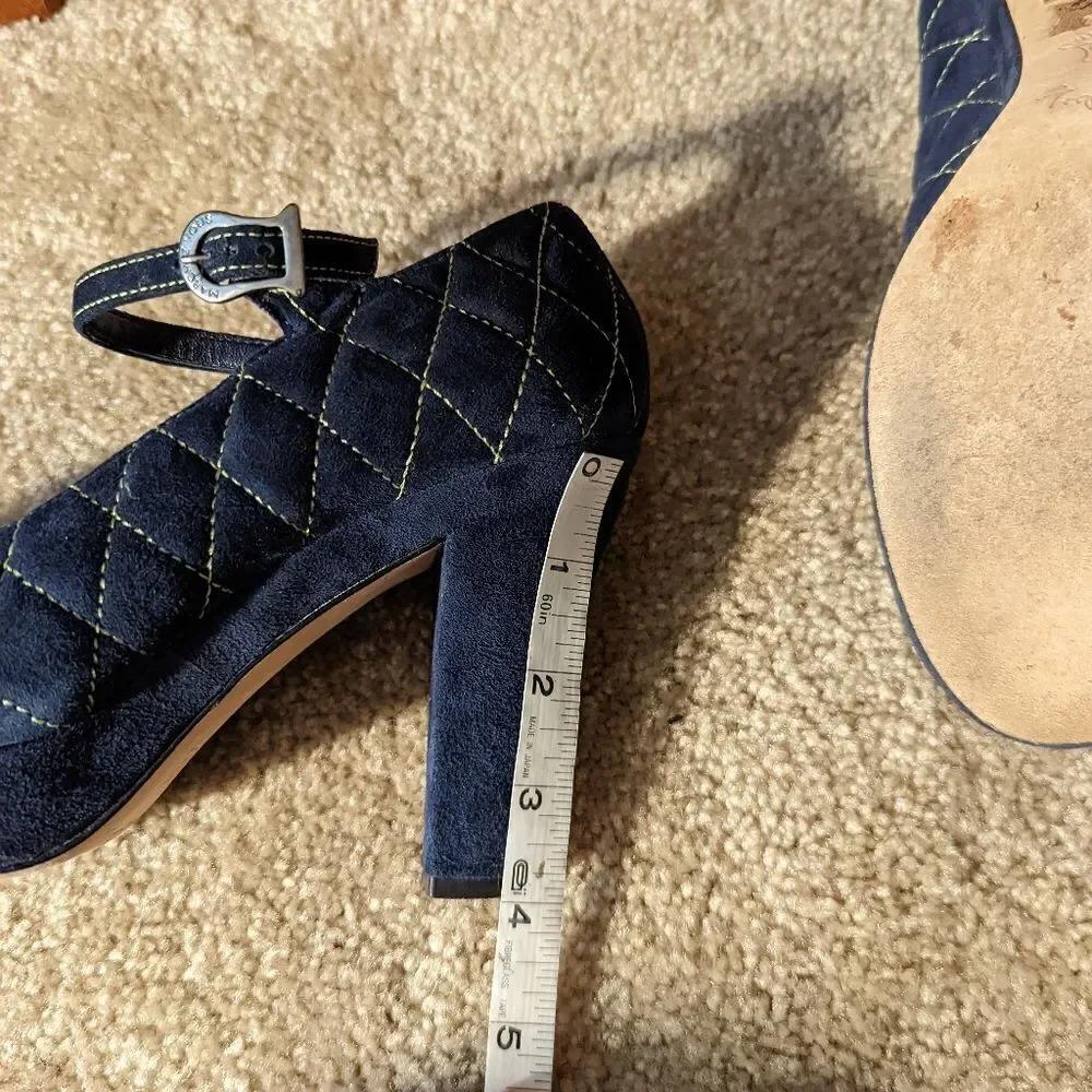 MARCHEZ Vous quilted blue suede thick heel ankle strap platform shoes sz 9.5 euc